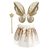 Set papillon sequin doré, jupe, ailes et baguette 4-6 ans